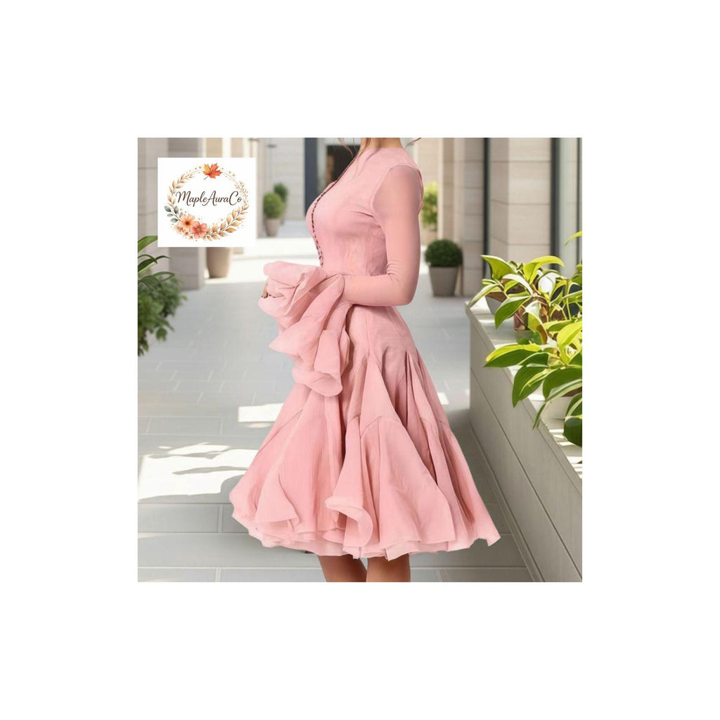 Elegant Ruffle Dress Women Knee Length A Line Flare Sleeve High Waist Button