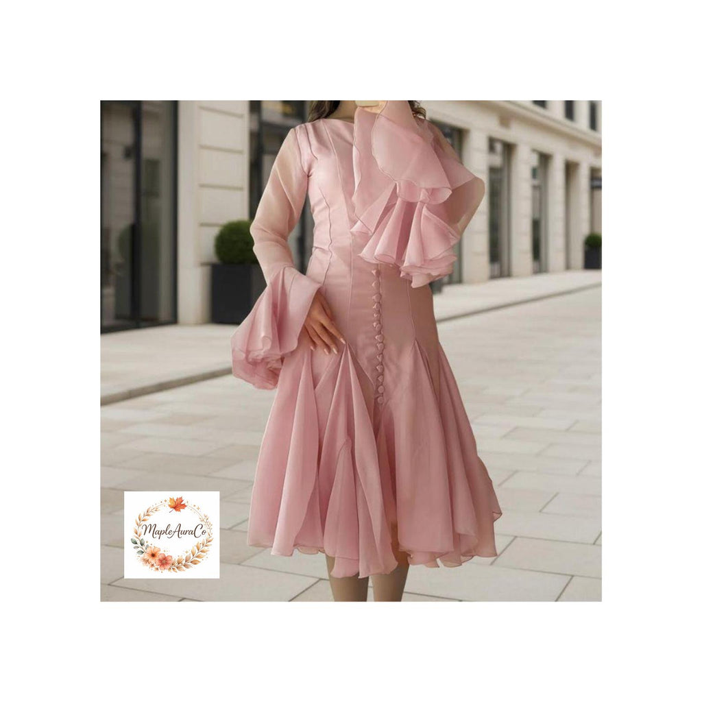 Elegant Ruffle Dress Women Knee Length A Line Flare Sleeve High Waist Button