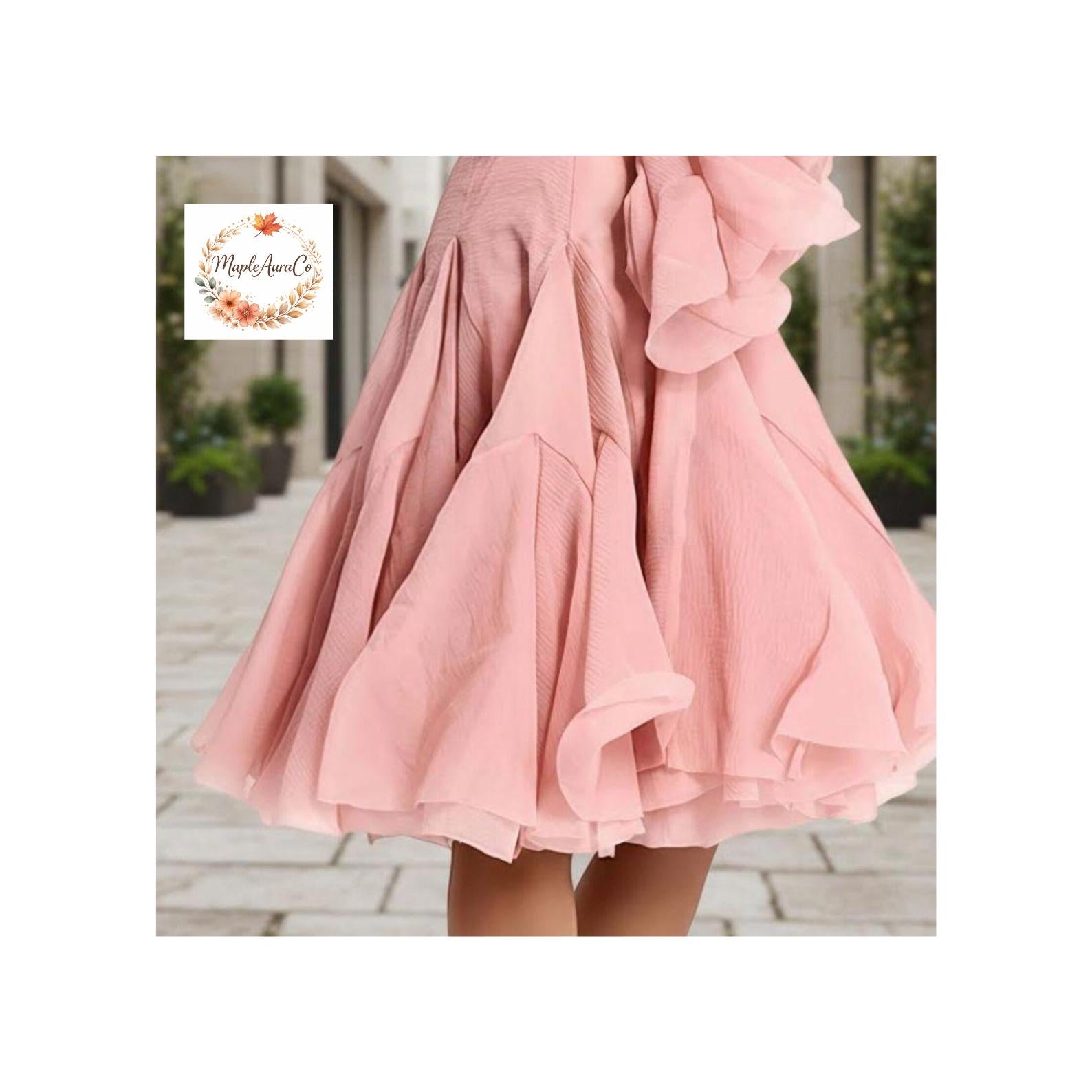 Elegant Ruffle Dress Women Knee Length A Line Flare Sleeve High Waist Button