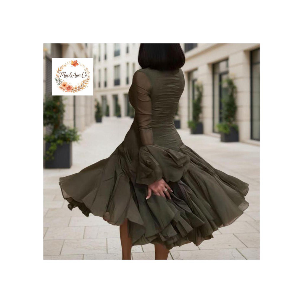 Elegant Ruffle Dress Women Knee Length A Line Flare Sleeve High Waist Button