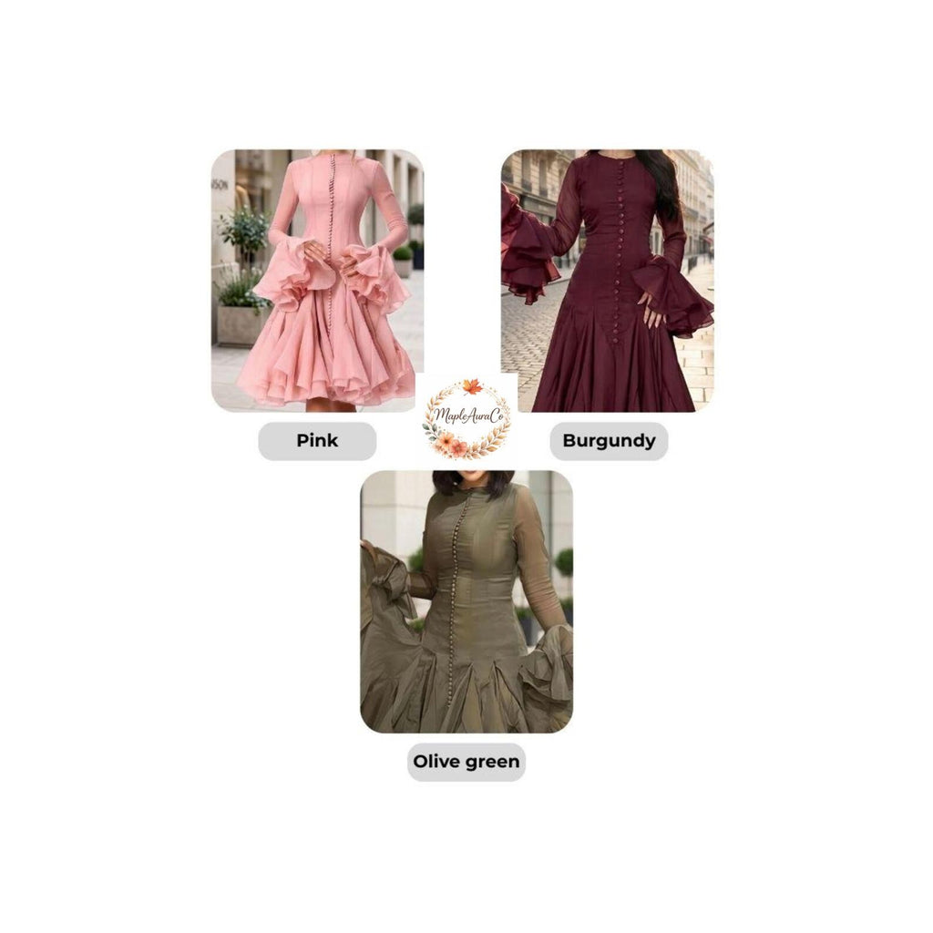 Elegant Ruffle Dress Women Knee Length A Line Flare Sleeve High Waist Button