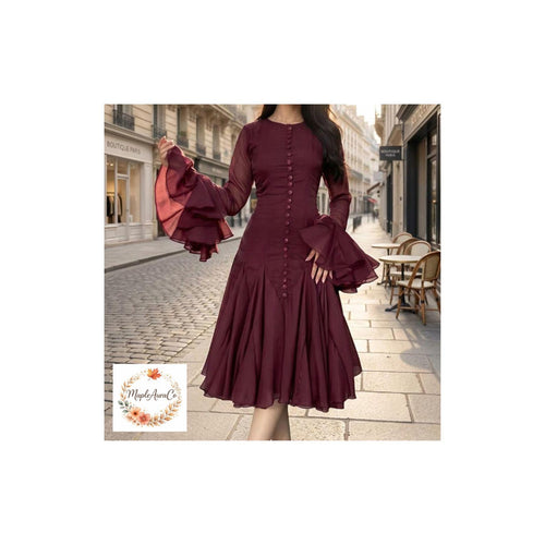 Elegant Ruffle Dress Women Knee Length A Line Flare Sleeve High Waist Button
