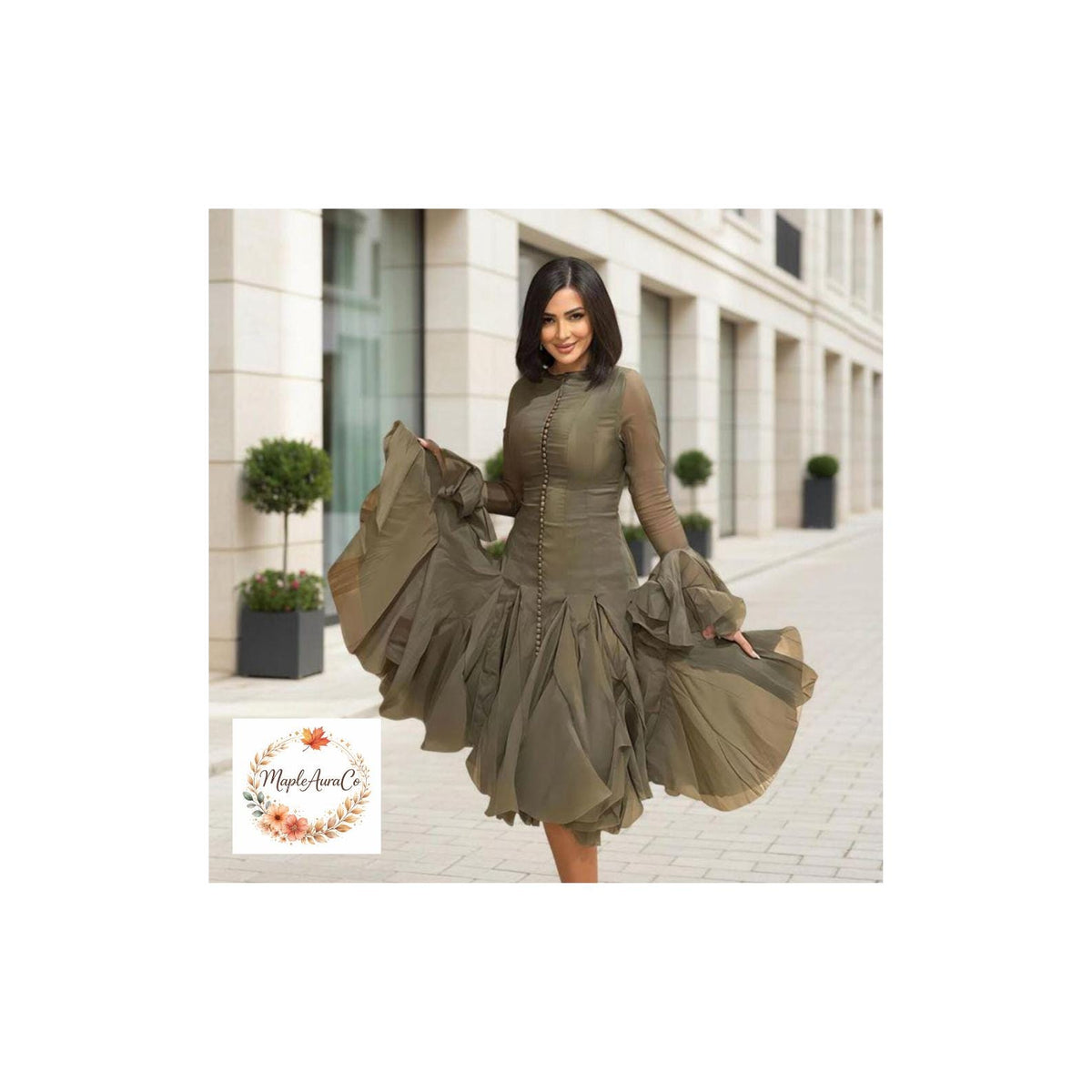 Elegant Ruffle Dress Women Knee Length A Line Flare Sleeve High Waist Button