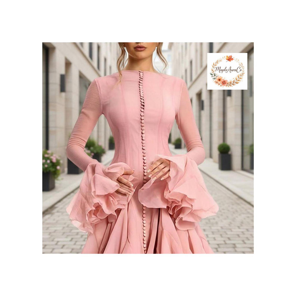 Elegant Ruffle Dress Women Knee Length A Line Flare Sleeve High Waist Button
