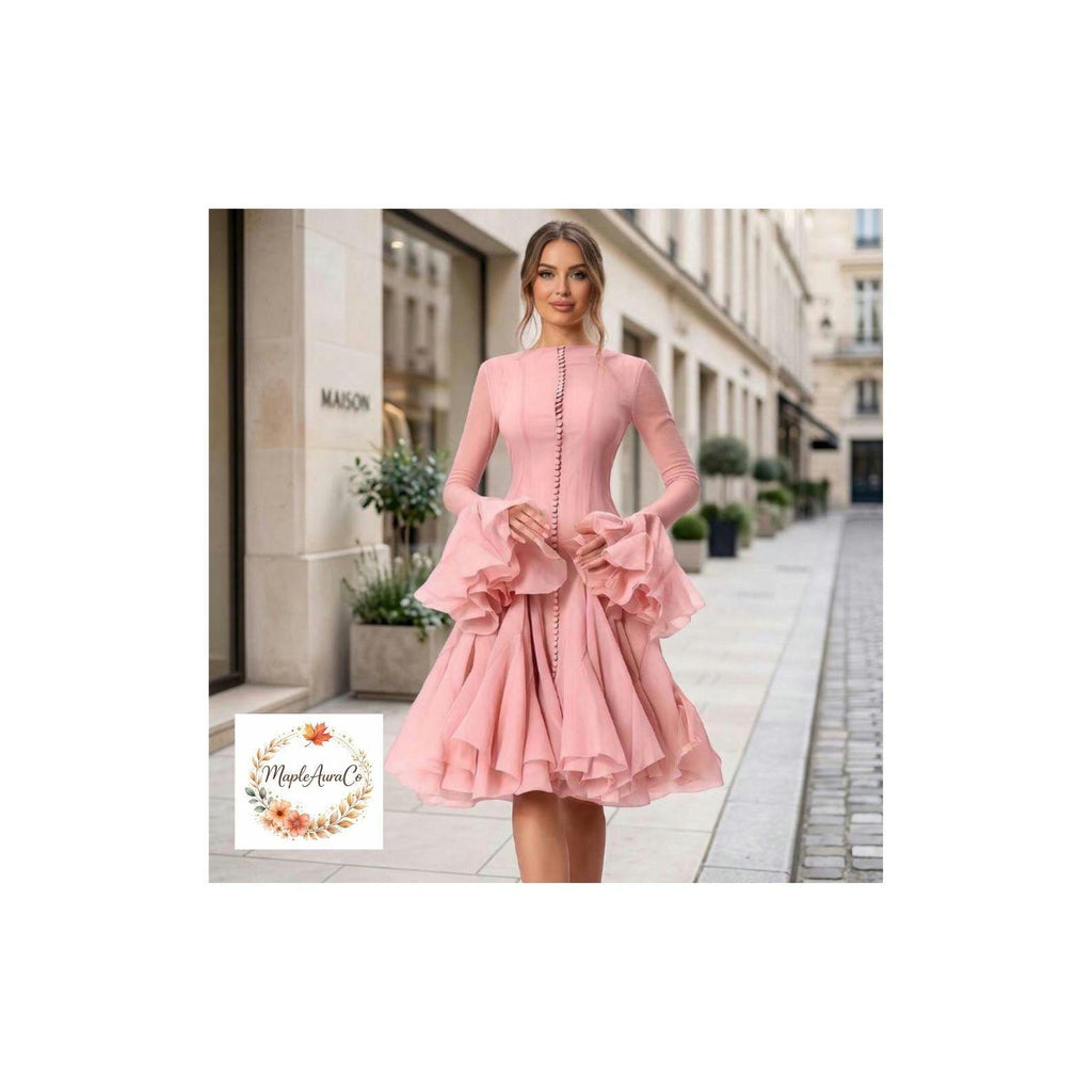 Elegant Ruffle Dress Women Knee Length A Line Flare Sleeve High Waist Button