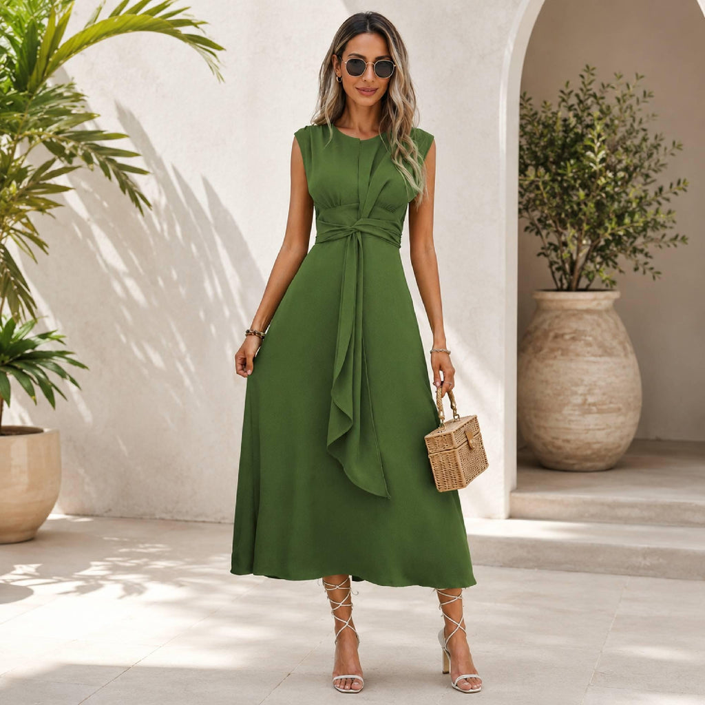 Sleeveless A-Line Maxi Dress | Flowy Polyester Waist-Tie Summer Party Wear