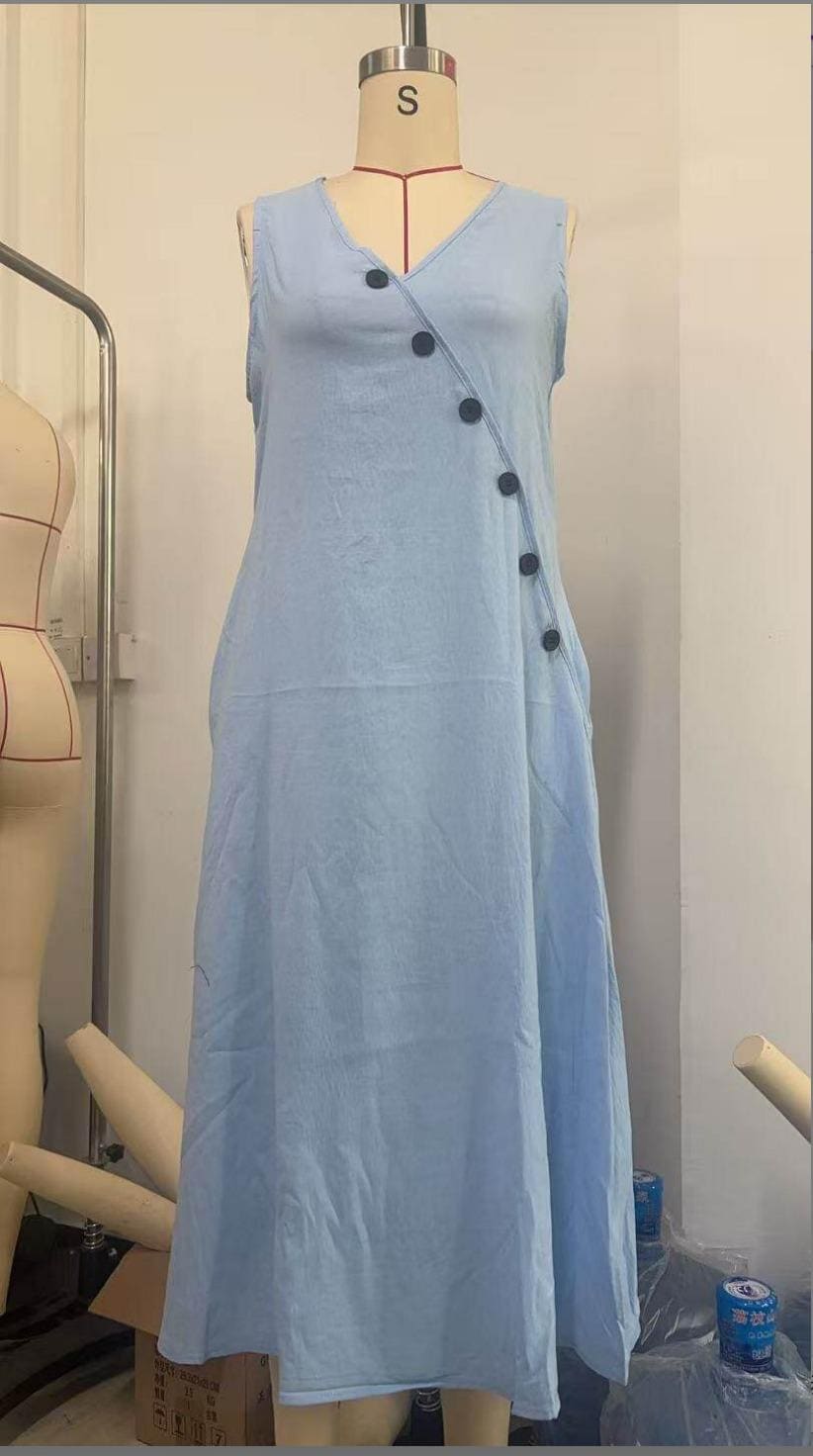 Linen Maxi Dress Women Button Detail Cotton Minimalist Flowy Casual Elegant Outfit Summer Wear