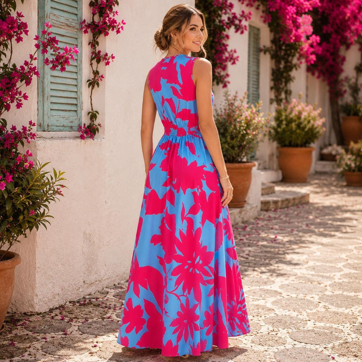 Floral Maxi Dress, Sleeveless V-Neck Summer Sundress, Boho Garden Party Wear, Lightweight Summer Beach Dress, Casual Vacation Outfit