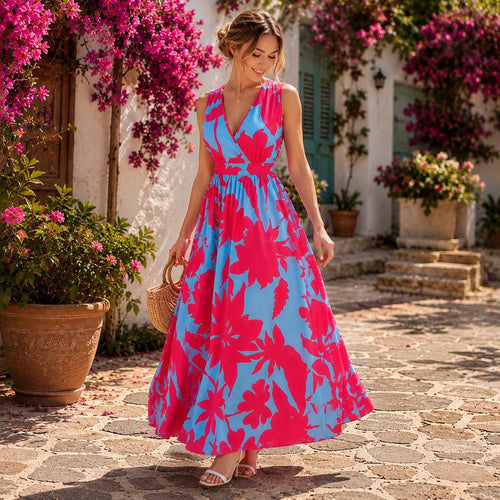 Floral Maxi Dress, Sleeveless V-Neck Summer Sundress, Boho Garden Party Wear, Lightweight Summer Beach Dress, Casual Vacation Outfit