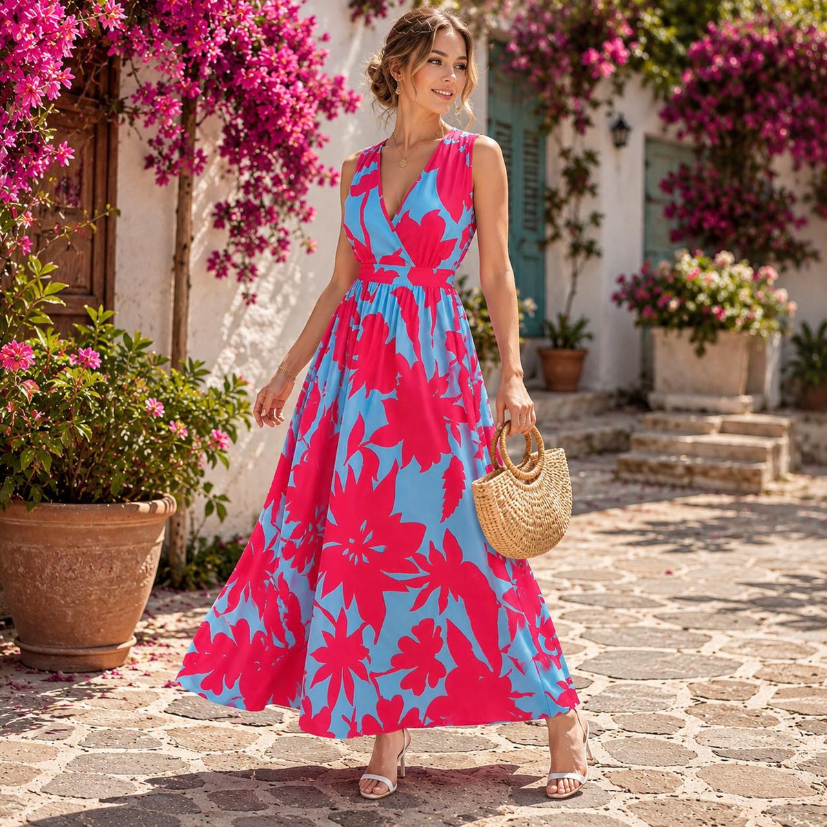 Floral Maxi Dress, Sleeveless V-Neck Summer Sundress, Boho Garden Party Wear, Lightweight Summer Beach Dress, Casual Vacation Outfit