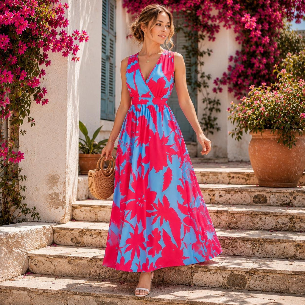 Floral Maxi Dress, Sleeveless V-Neck Summer Sundress, Boho Garden Party Wear, Lightweight Summer Beach Dress, Casual Vacation Outfit