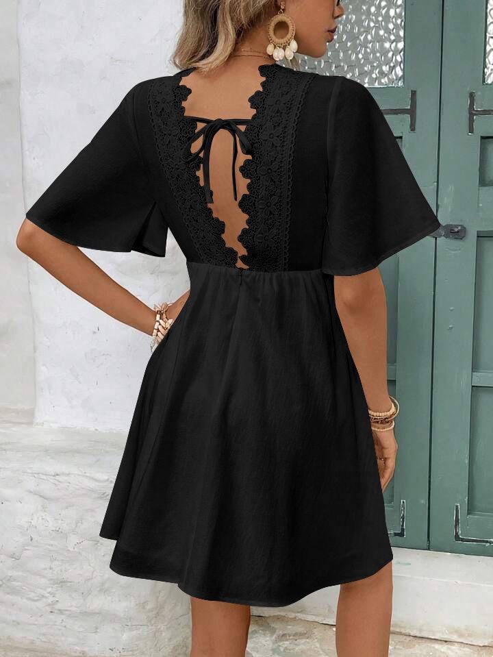 Lace Stitching V-Neck Mini Dress for Women | Cotton Summer Dress | Short Sleeve Casual Boho Dress | Flowy Pullover Beach Dress