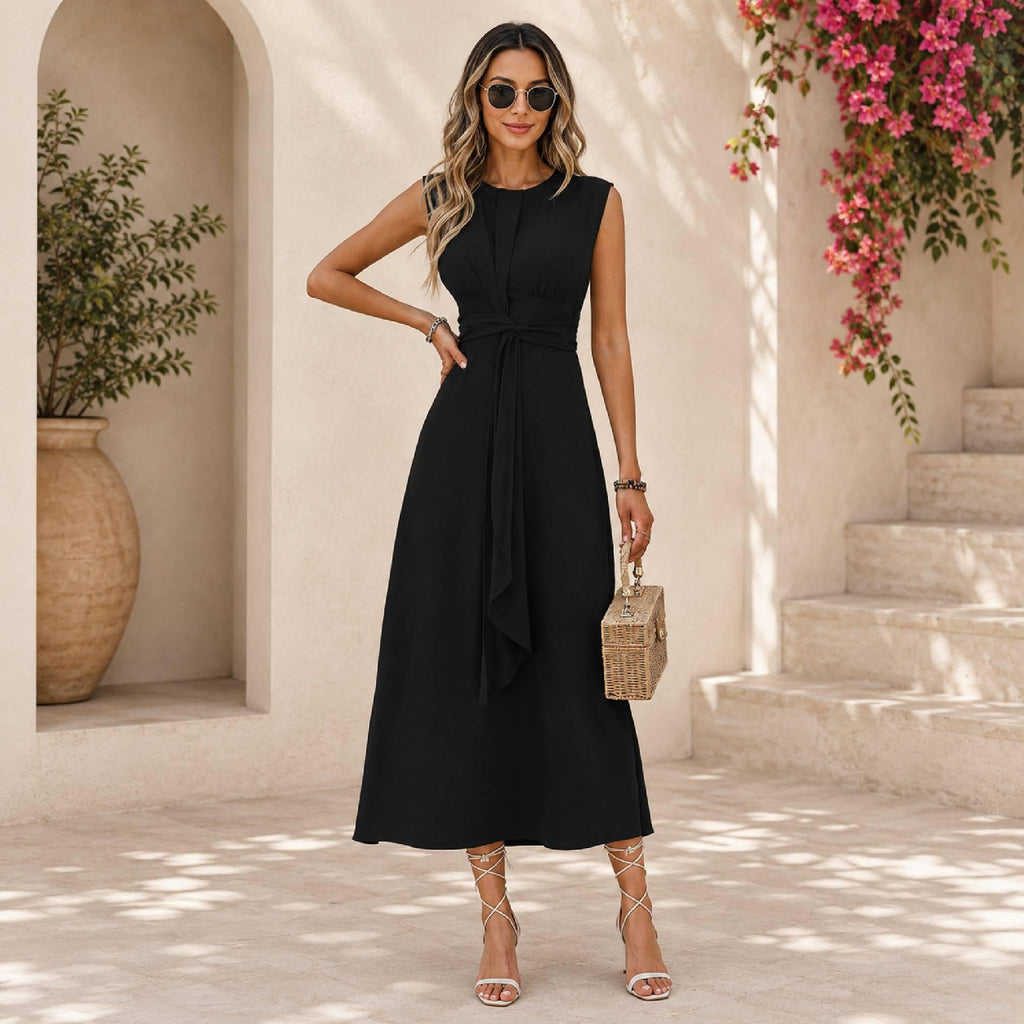 Sleeveless A-Line Maxi Dress | Flowy Polyester Waist-Tie Summer Party Wear