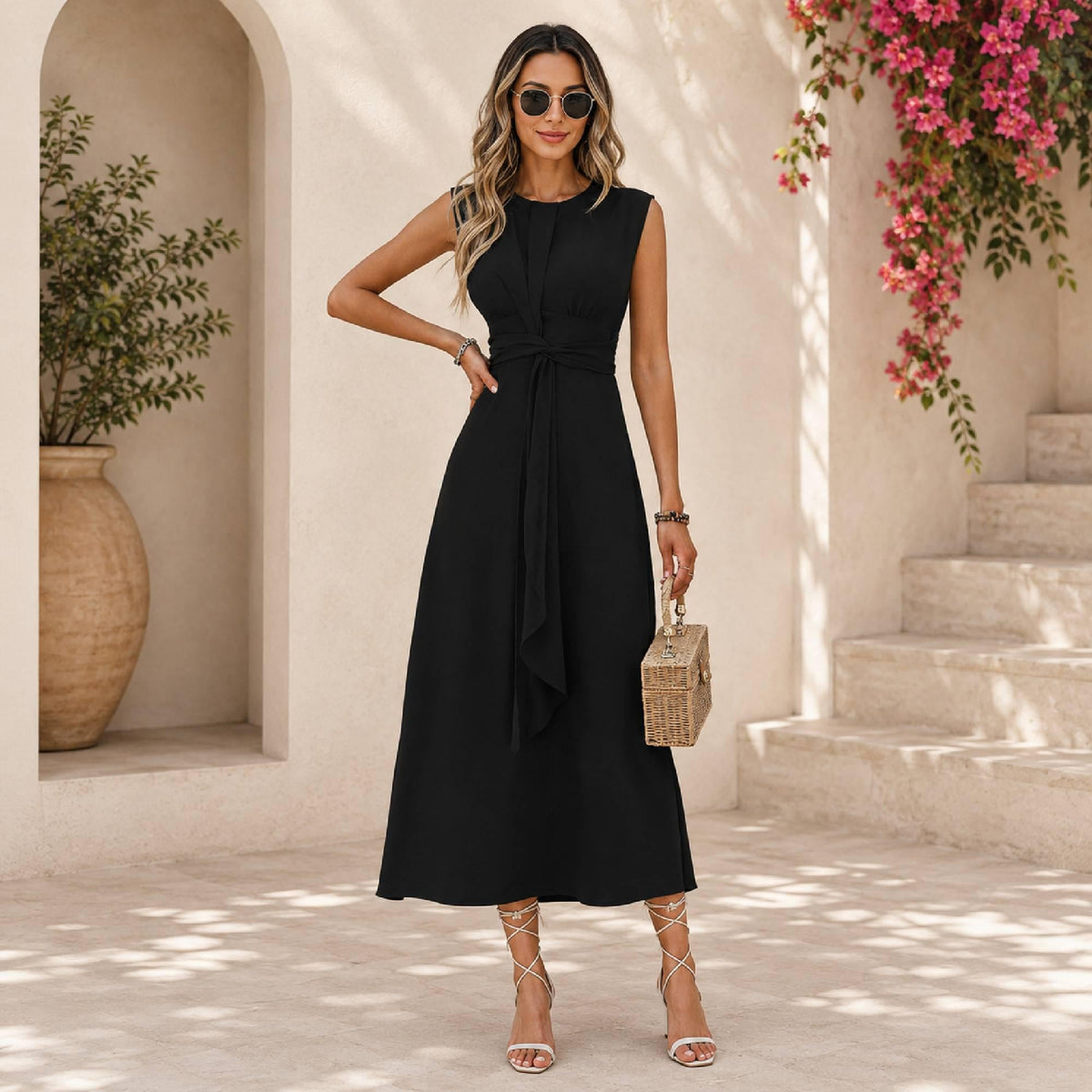 Sleeveless A-Line Maxi Dress | Flowy Polyester Waist-Tie Summer Party Wear