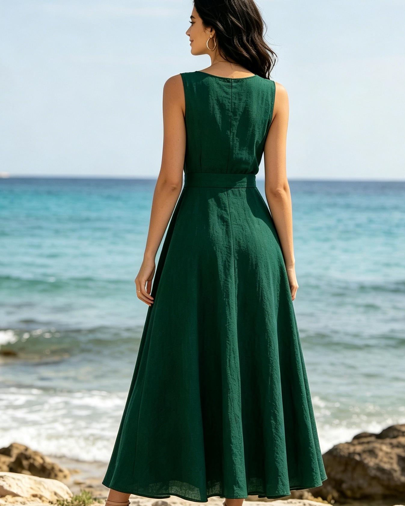 Elegant Bohemian Linen Blend Maxi Dress Women Sleeveless V Neck A Line Party Dress Flowy Summer Dress With Pockets