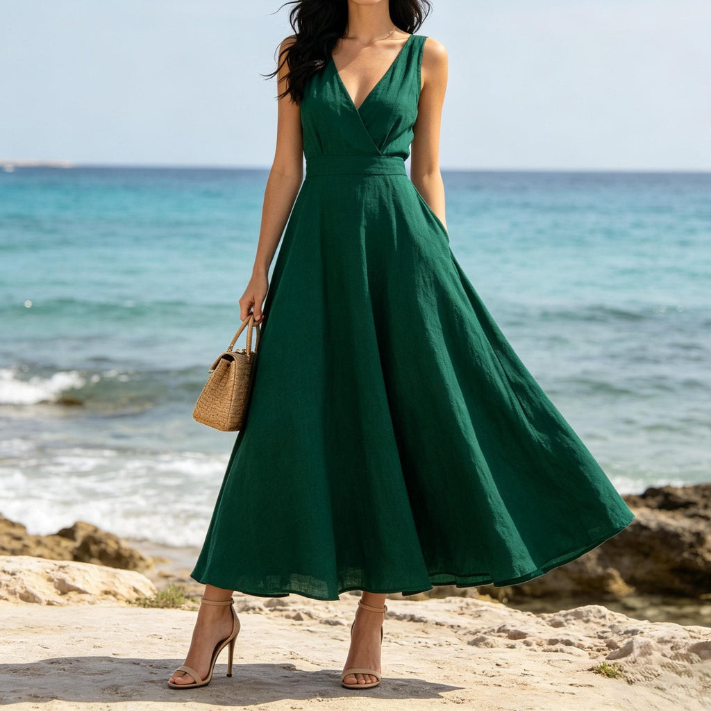 Elegant Bohemian Linen Blend Maxi Dress Women Sleeveless V Neck A Line Party Dress Flowy Summer Dress With Pockets