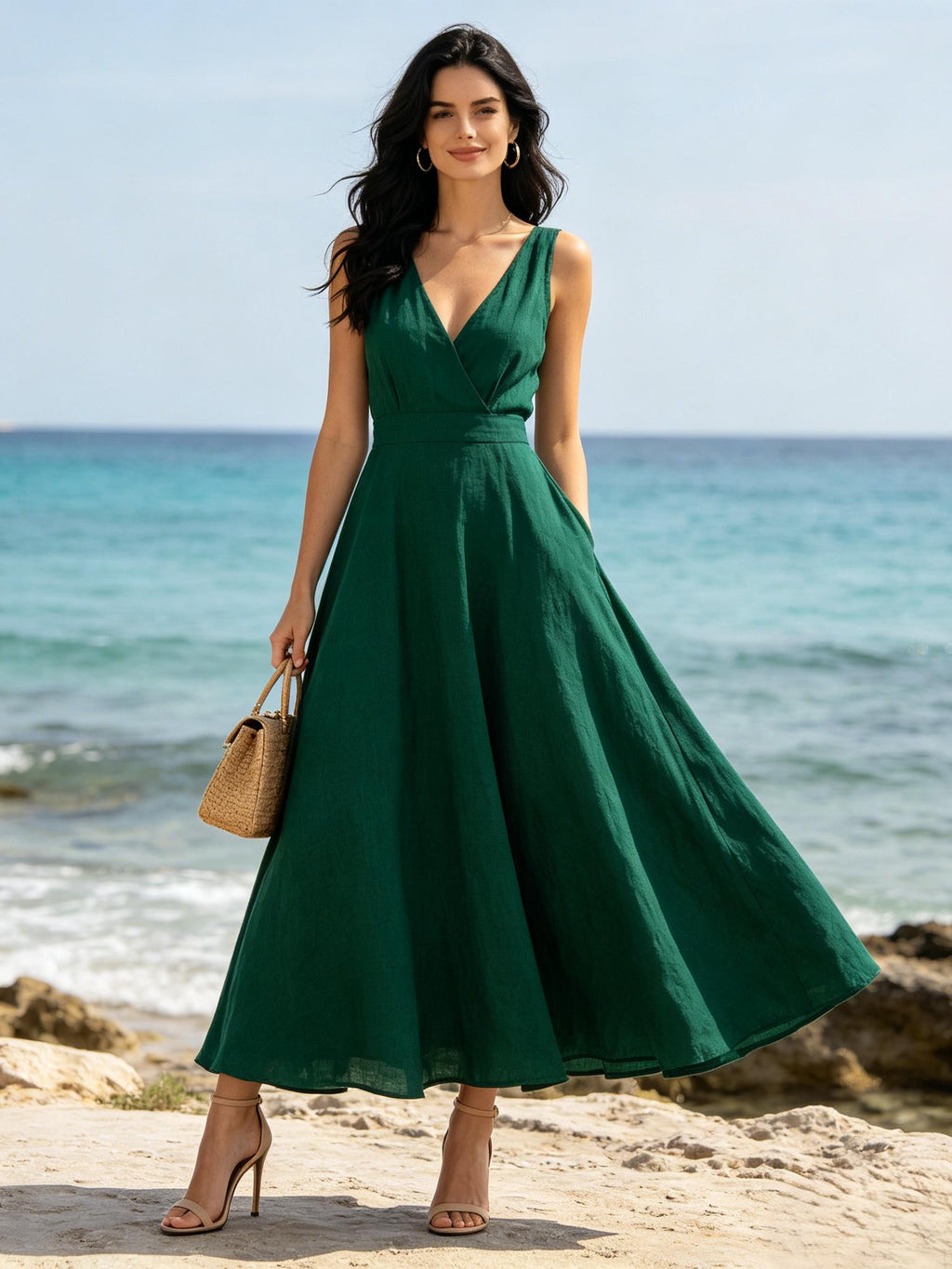Elegant Bohemian Linen Blend Maxi Dress Women Sleeveless V Neck A Line Party Dress Flowy Summer Dress With Pockets
