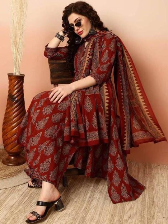Maroon Flared Anarkali Kurta Pant Dupatta Set, Ethnic Print Rayon V-Neck Women Indian Suit