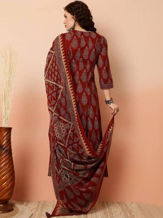Maroon Flared Anarkali Kurta Pant Dupatta Set, Ethnic Print Rayon V-Neck Women Indian Suit
