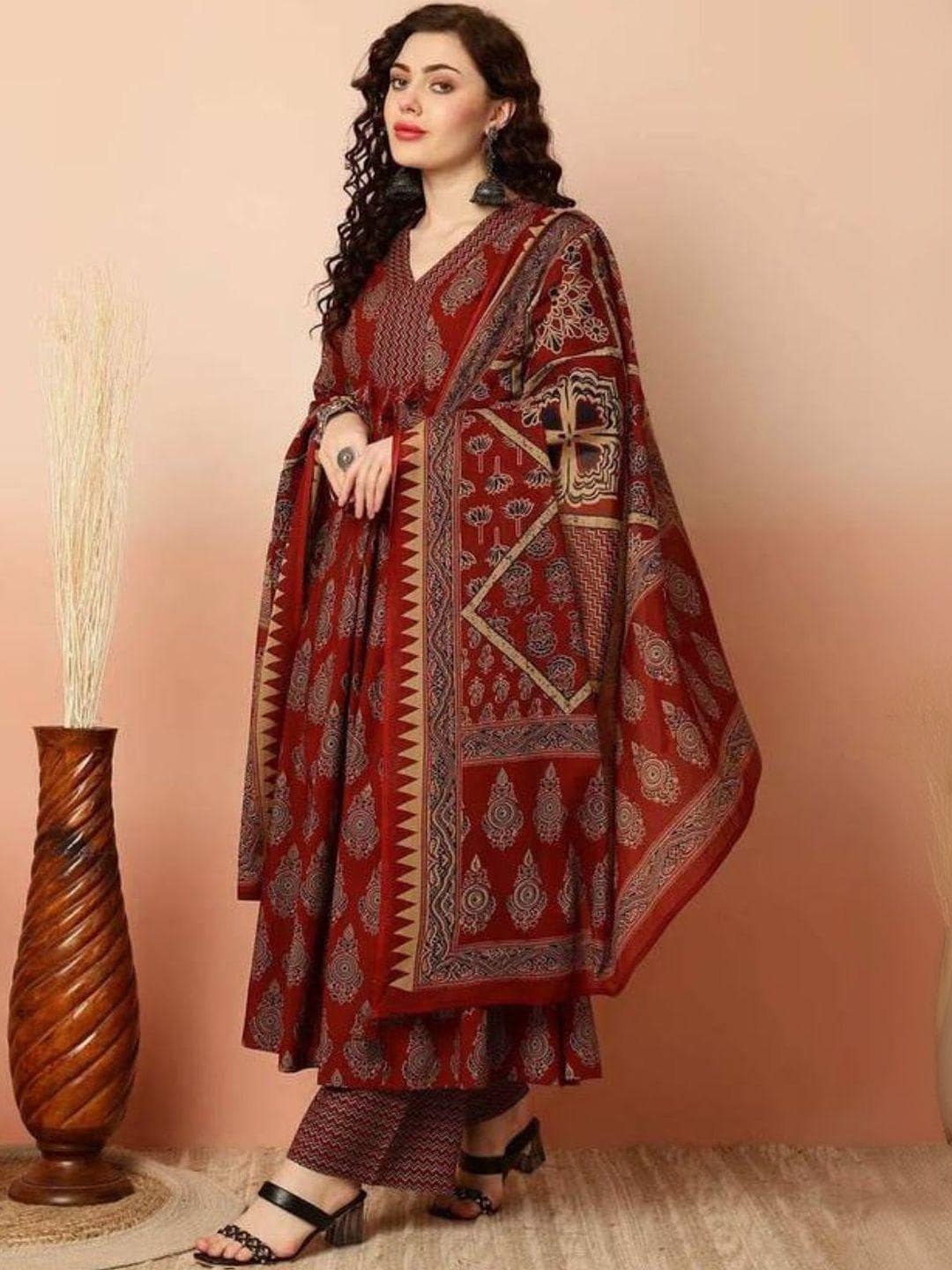 Maroon Flared Anarkali Kurta Pant Dupatta Set, Ethnic Print Rayon V-Neck Women Indian Suit