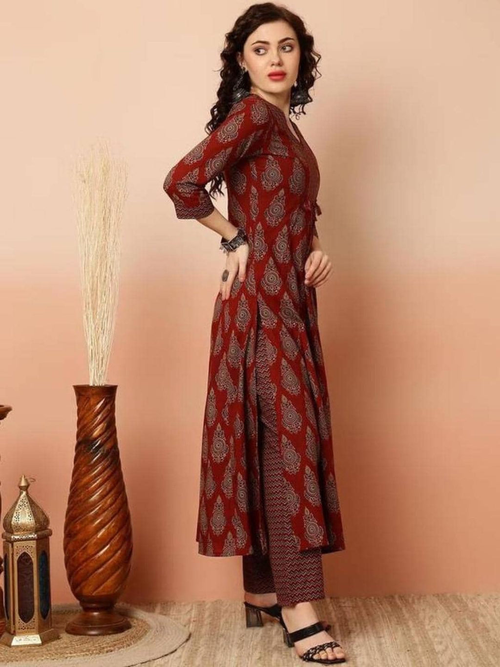 Maroon Flared Anarkali Kurta Pant Dupatta Set, Ethnic Print Rayon V-Neck Women Indian Suit