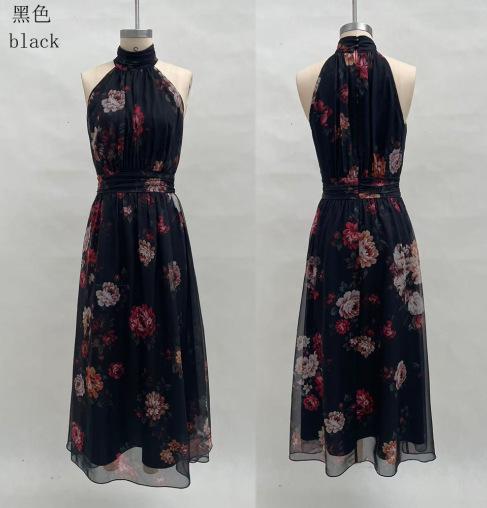 Women Floral Halter Maxi Dress Pleated Mesh Evening Party Vacation Outfit Elegant Stylish