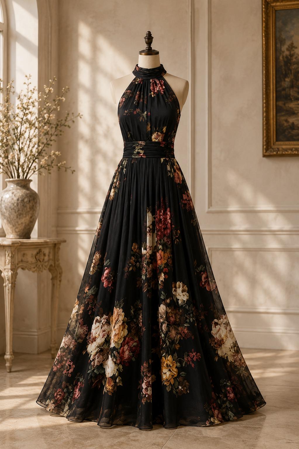 Women Floral Halter Maxi Dress Pleated Mesh Evening Party Vacation Outfit Elegant Stylish