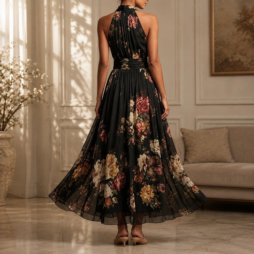 Women Floral Halter Maxi Dress Pleated Mesh Evening Party Vacation Outfit Elegant Stylish
