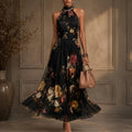 Women Floral Halter Maxi Dress Pleated Mesh Evening Party Vacation Outfit Elegant Stylish