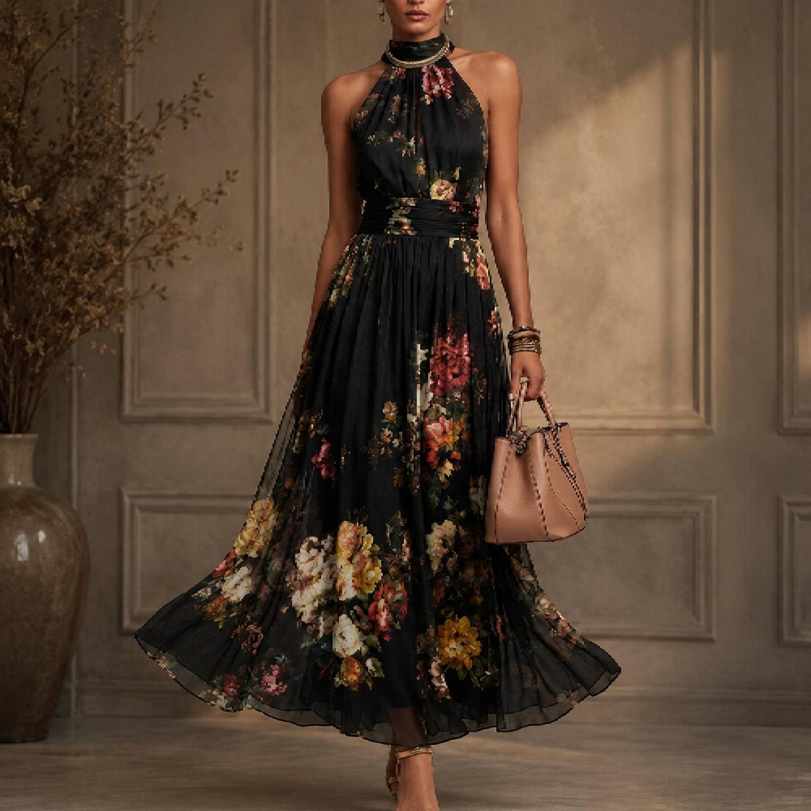 Women Floral Halter Maxi Dress Pleated Mesh Evening Party Vacation Outfit Elegant Stylish