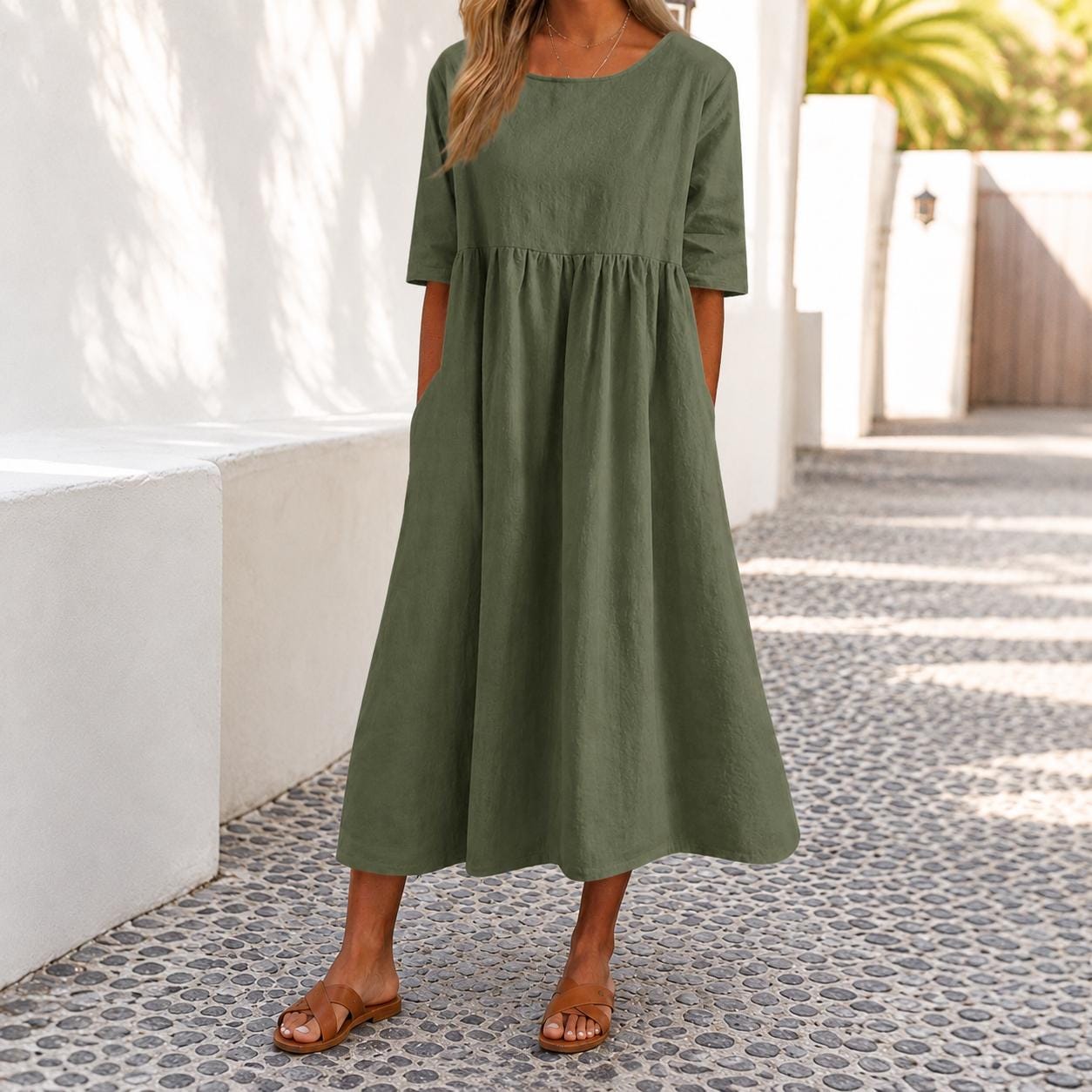 Womens Maxi Dress Casual Loose Fit Midi Dress with Pockets Boho Summer