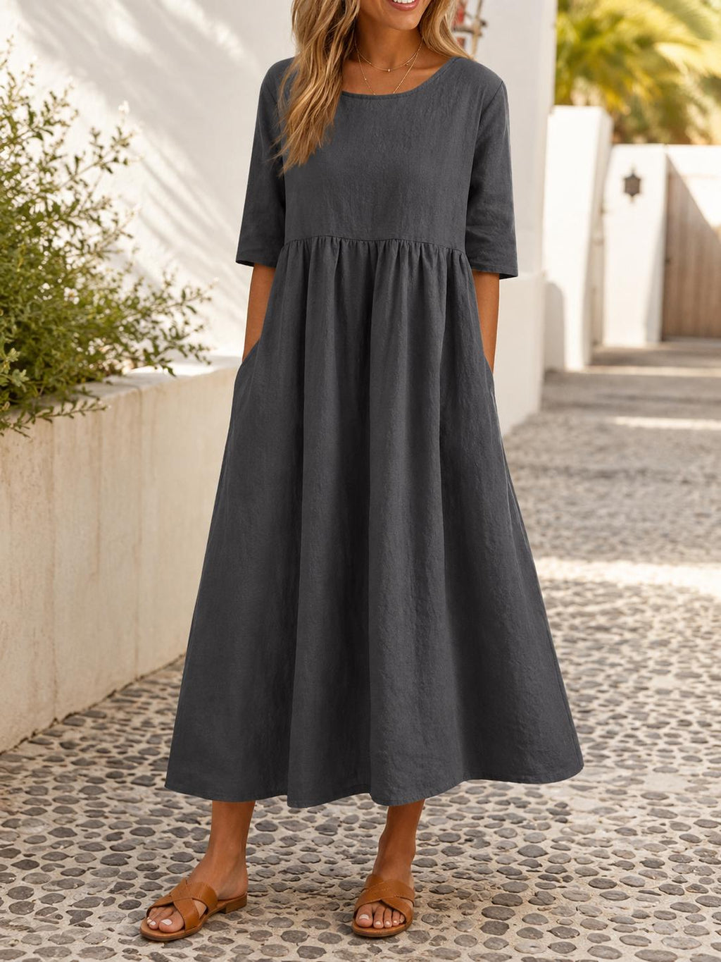 Womens Maxi Dress Casual Loose Fit Midi Dress with Pockets Boho Summer