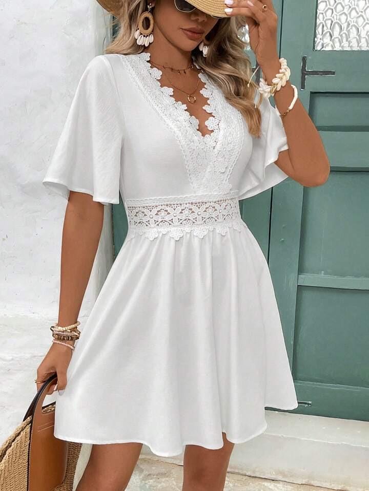 Lace Stitching V-Neck Mini Dress for Women | Cotton Summer Dress | Short Sleeve Casual Boho Dress | Flowy Pullover Beach Dress