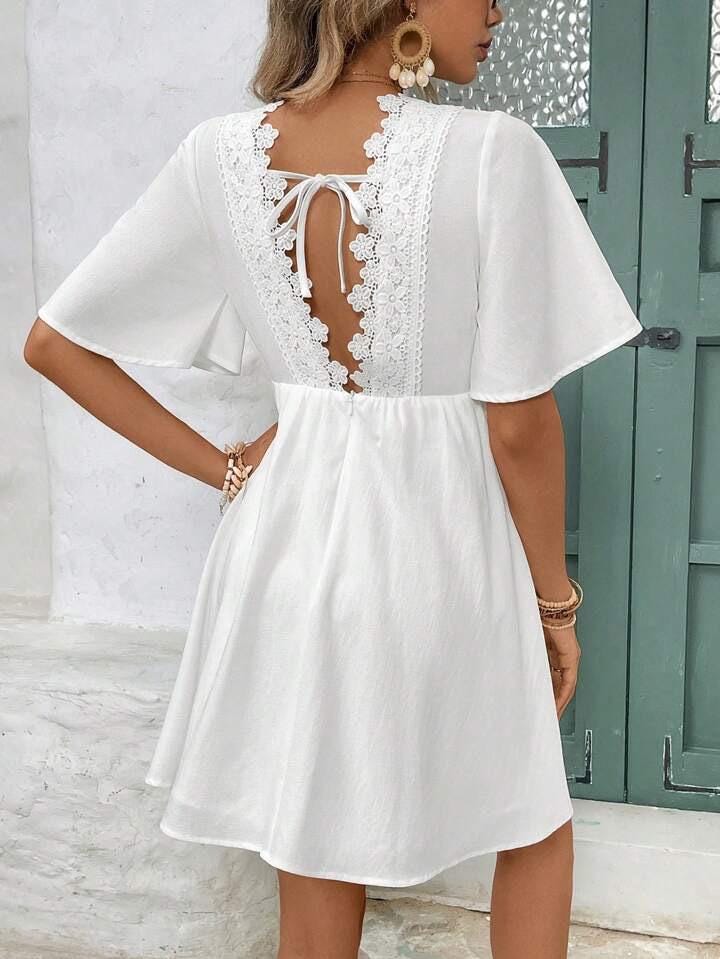 Lace Stitching V-Neck Mini Dress for Women | Cotton Summer Dress | Short Sleeve Casual Boho Dress | Flowy Pullover Beach Dress