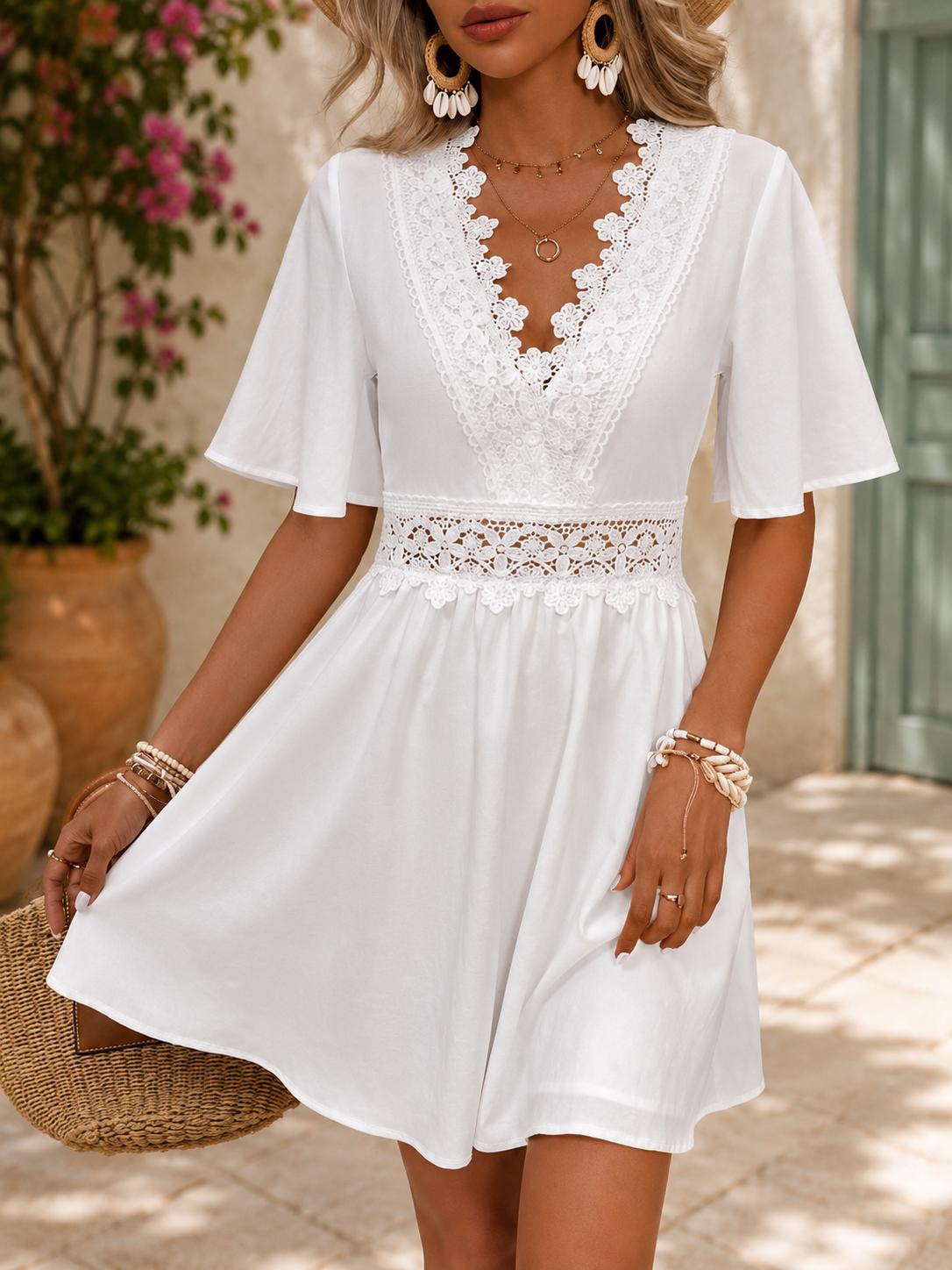 Lace Stitching V-Neck Mini Dress for Women | Cotton Summer Dress | Short Sleeve Casual Boho Dress | Flowy Pullover Beach Dress
