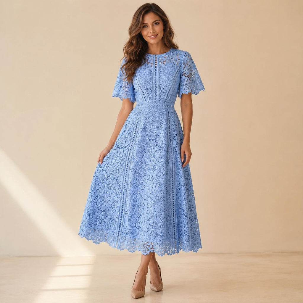 Floral Embroidered Lace Midi Dress, Wedding Guest Dress, Elegant Fit and Flare A Line Dress, Short Sleeve Formal Party Dress
