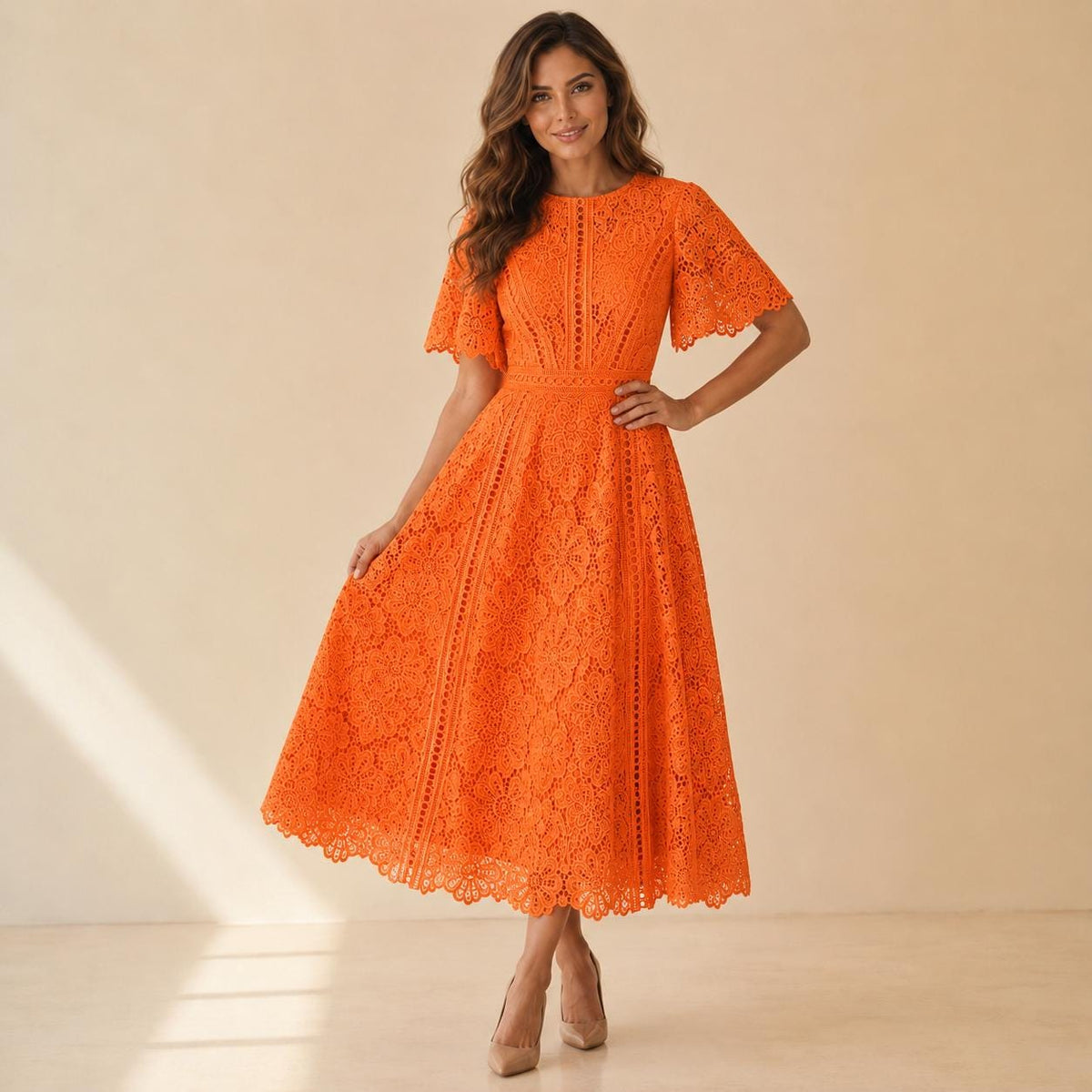 Floral Embroidered Lace Midi Dress, Wedding Guest Dress, Elegant Fit and Flare A Line Dress, Short Sleeve Formal Party Dress