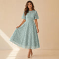 Floral Embroidered Lace Midi Dress, Wedding Guest Dress, Elegant Fit and Flare A Line Dress, Short Sleeve Formal Party Dress