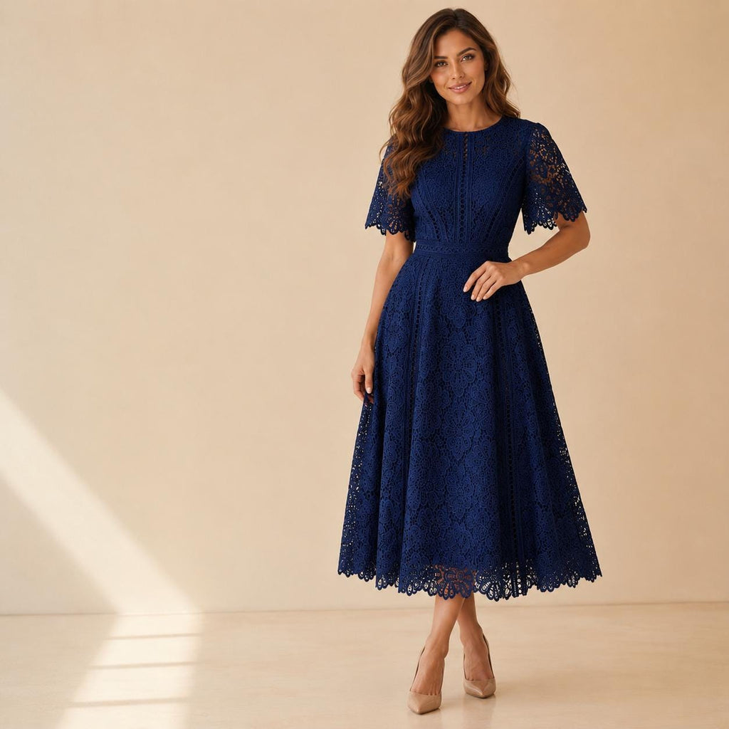 Floral Embroidered Lace Midi Dress, Wedding Guest Dress, Elegant Fit and Flare A Line Dress, Short Sleeve Formal Party Dress