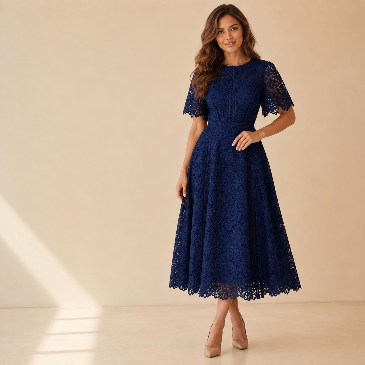 Floral Embroidered Lace Midi Dress, Wedding Guest Dress, Elegant Fit and Flare A Line Dress, Short Sleeve Formal Party Dress