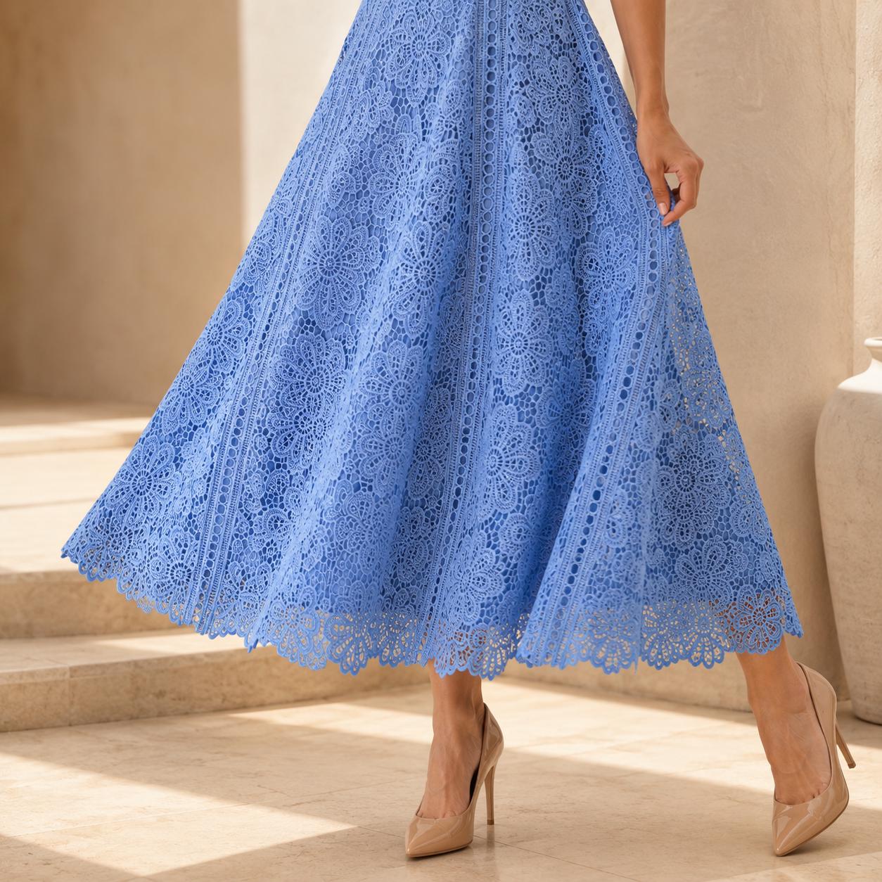 Floral Embroidered Lace Midi Dress, Wedding Guest Dress, Elegant Fit and Flare A Line Dress, Short Sleeve Formal Party Dress