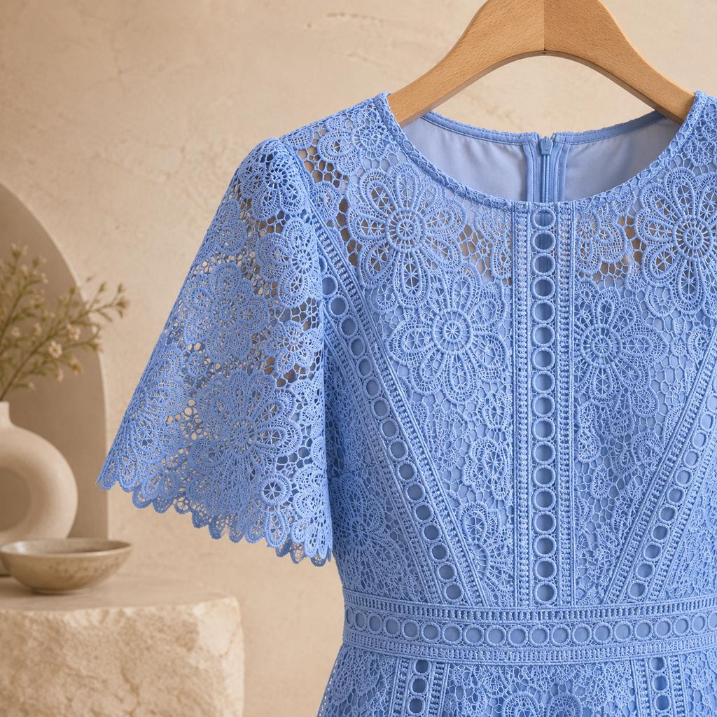 Floral Embroidered Lace Midi Dress, Wedding Guest Dress, Elegant Fit and Flare A Line Dress, Short Sleeve Formal Party Dress