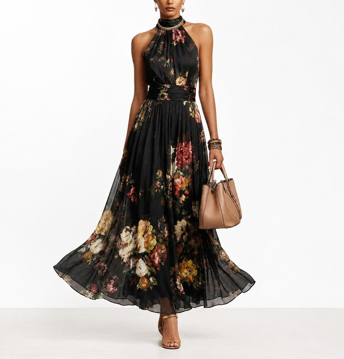 Women Floral Halter Maxi Dress Pleated Mesh Evening Party Vacation Outfit Elegant Stylish