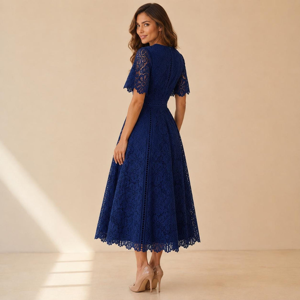 Floral Embroidered Lace Midi Dress, Wedding Guest Dress, Elegant Fit and Flare A Line Dress, Short Sleeve Formal Party Dress