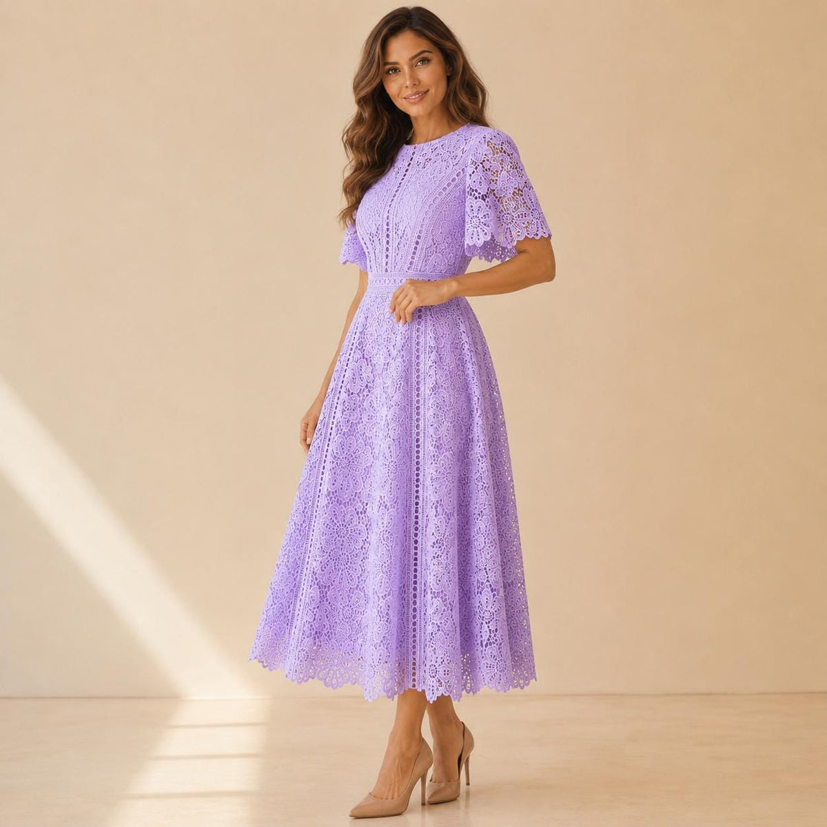 Floral Embroidered Lace Midi Dress, Wedding Guest Dress, Elegant Fit and Flare A Line Dress, Short Sleeve Formal Party Dress
