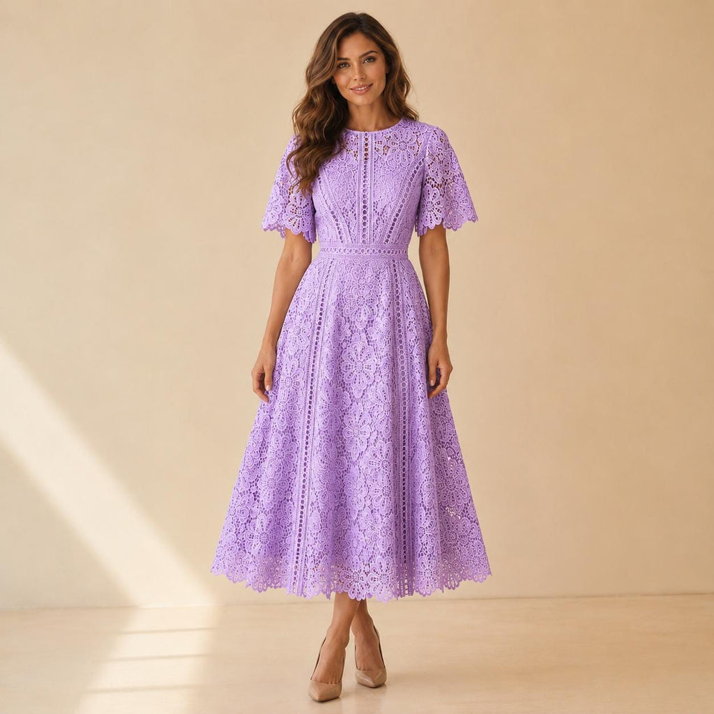 Floral Embroidered Lace Midi Dress, Wedding Guest Dress, Elegant Fit and Flare A Line Dress, Short Sleeve Formal Party Dress