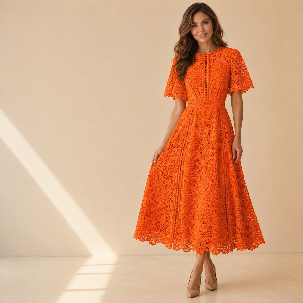 Floral Embroidered Lace Midi Dress, Wedding Guest Dress, Elegant Fit and Flare A Line Dress, Short Sleeve Formal Party Dress