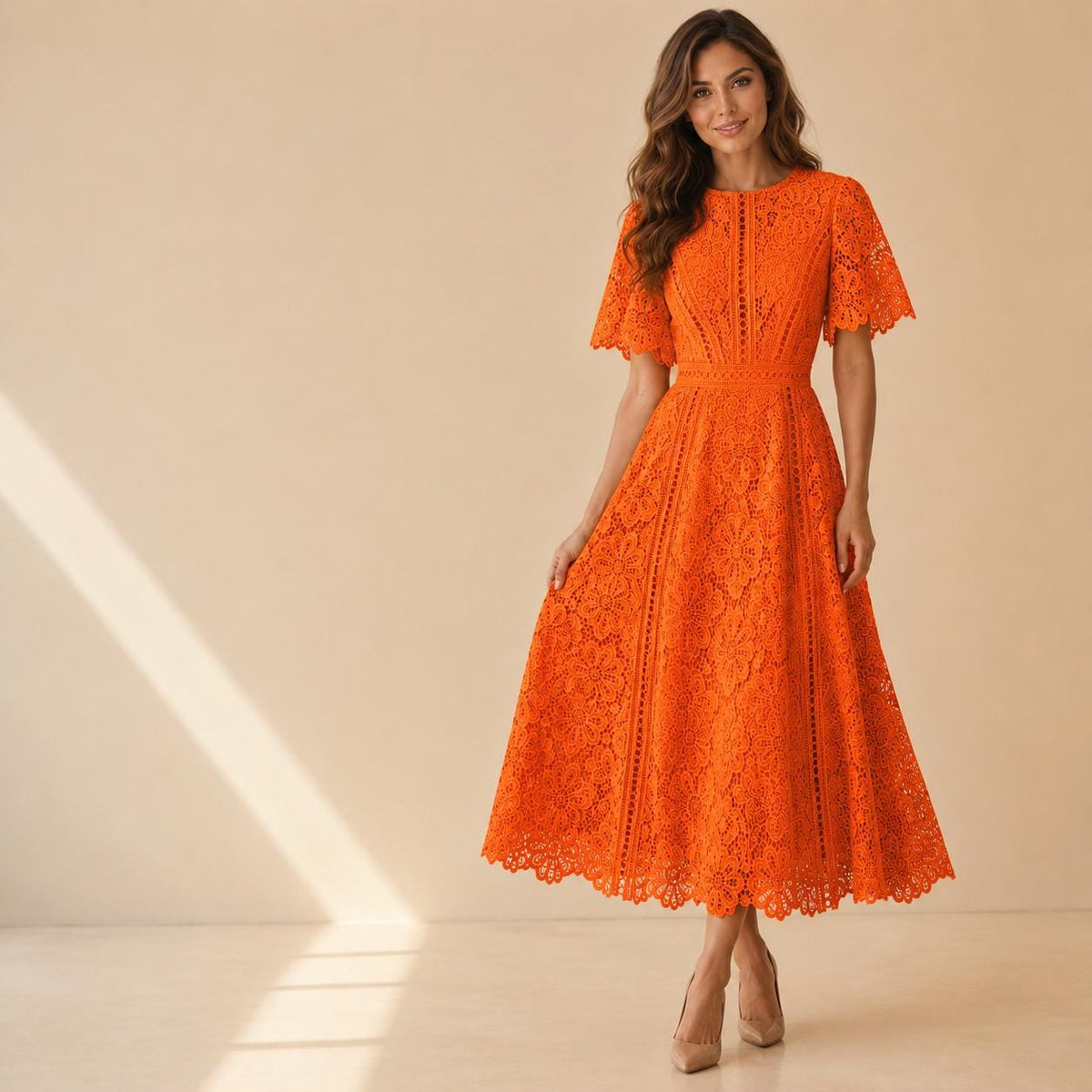 Floral Embroidered Lace Midi Dress, Wedding Guest Dress, Elegant Fit and Flare A Line Dress, Short Sleeve Formal Party Dress