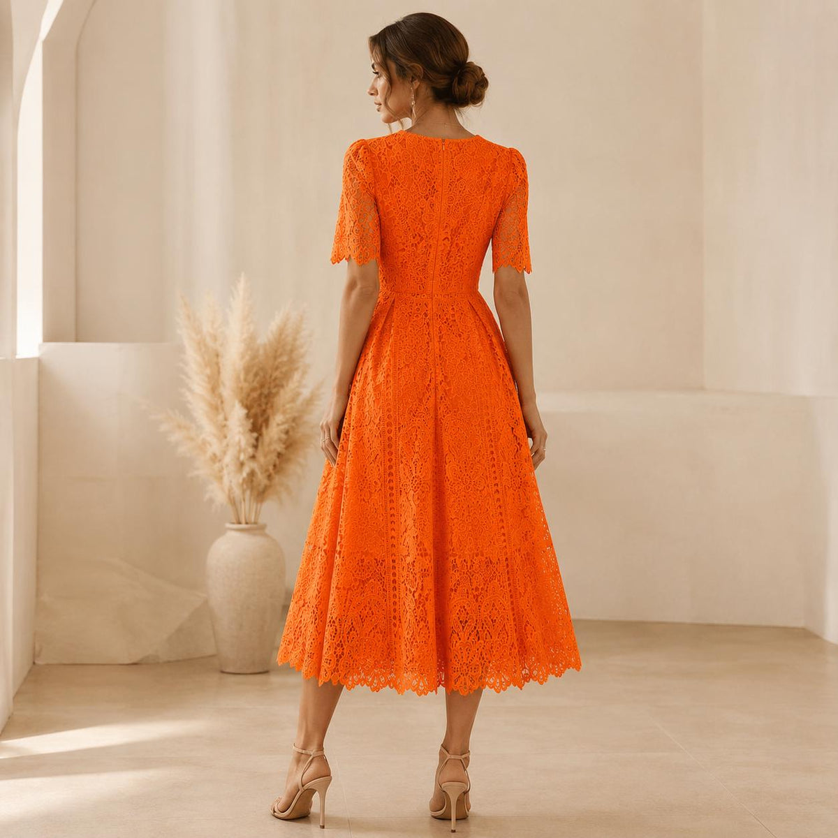 Floral Embroidered Lace Midi Dress, Wedding Guest Dress, Elegant Fit and Flare A Line Dress, Short Sleeve Formal Party Dress