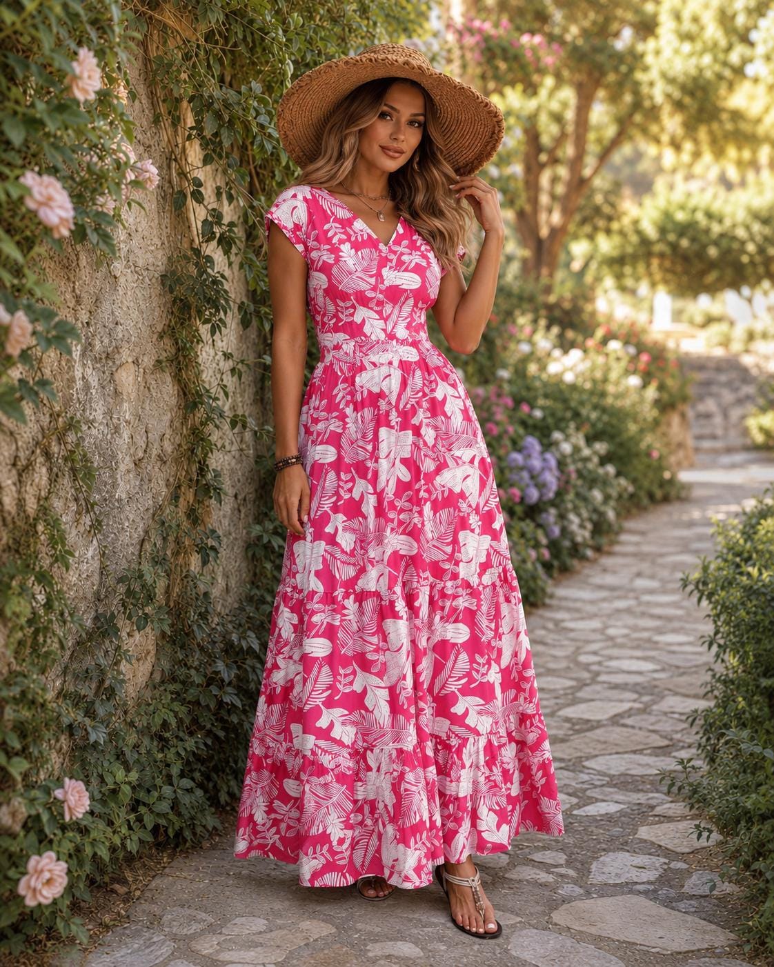 Women's Boho Printed Maxi Dress, Flowy High Waist Vacation Dress, Summer Beach Dress, Vintage Floral Bohemian Dress, Garden Party Outfit